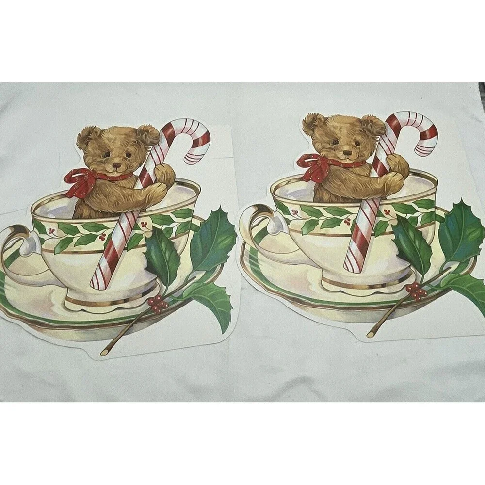 Vintage 2 Paper Magic Group Candy Cane Bear In Tea Cup Christmas Decoration 10”